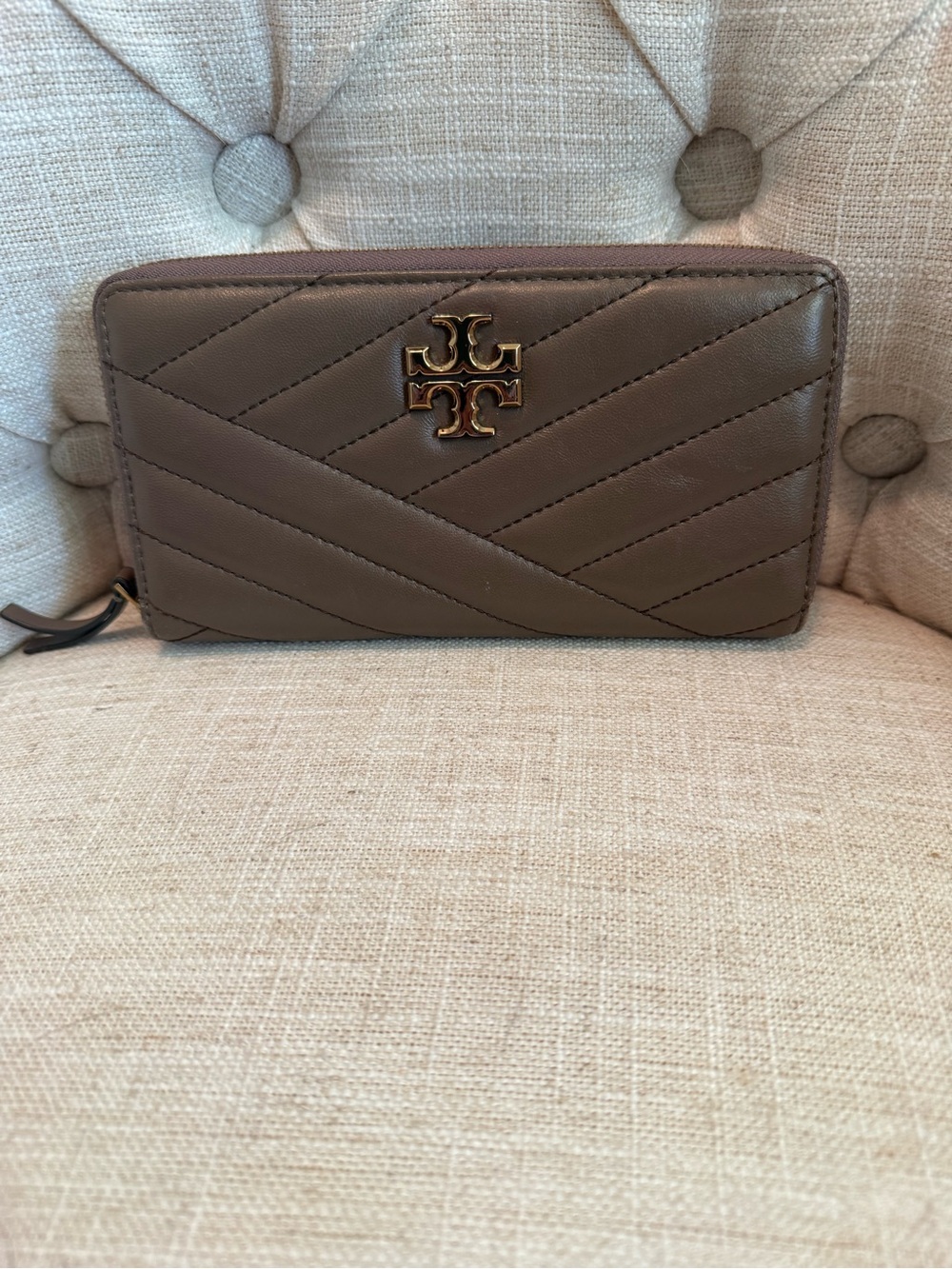 Tory Burch Quilted Zip Continental Wallet in Taupe Brown with Gold Logo